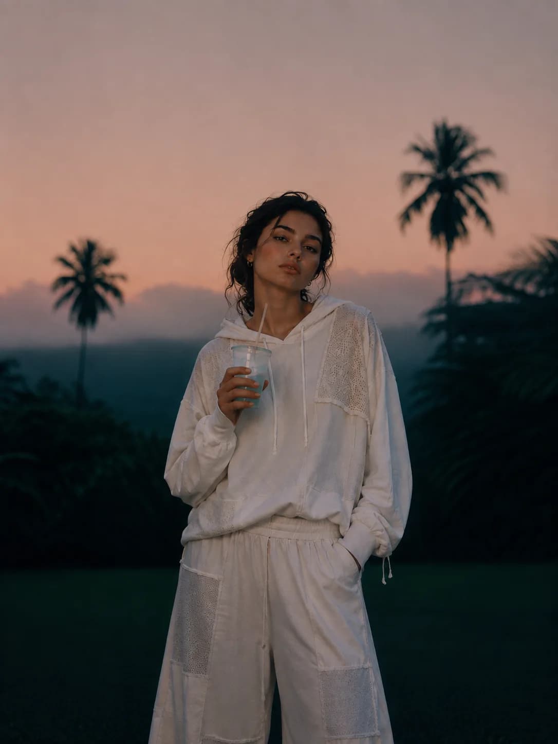 A woman in the patchwork hoodie set holding an iced drink at dusk, palm trees in the background