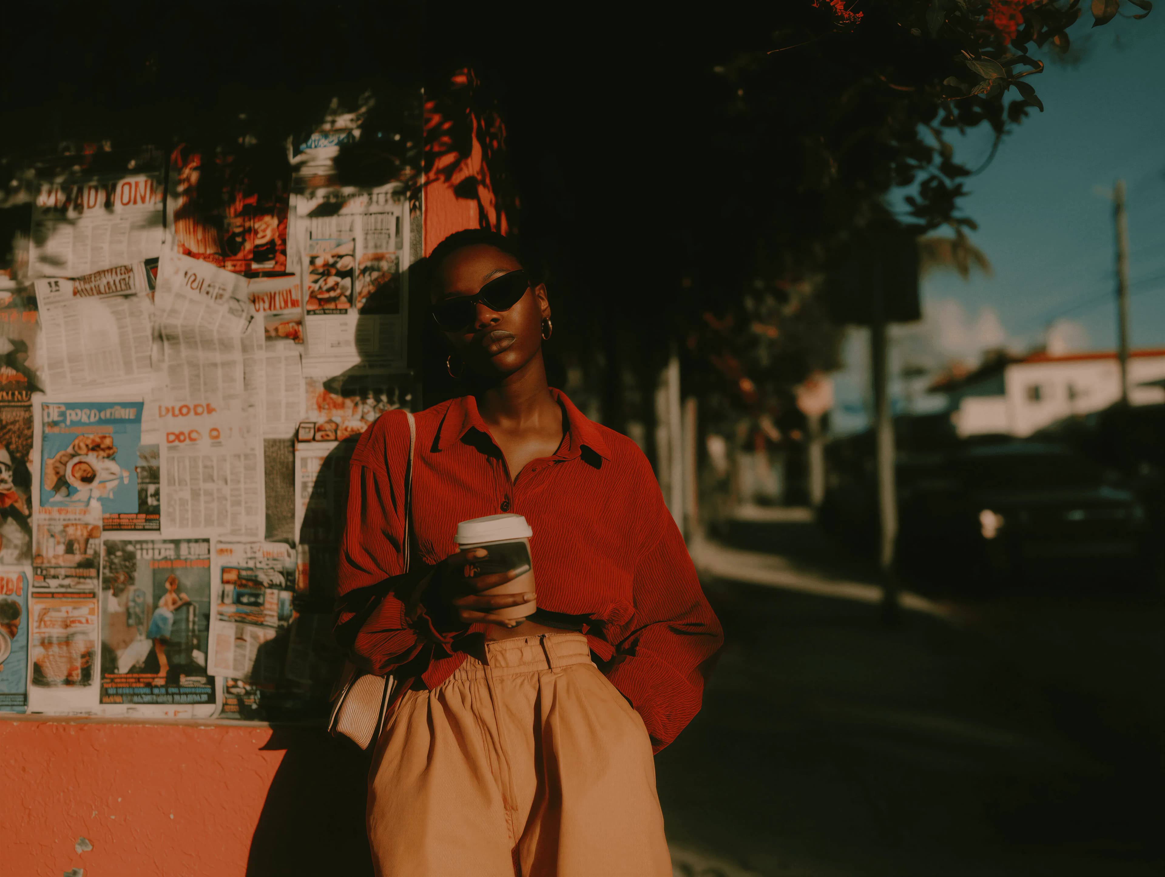 A person in a red shirt and beige trousers holding coffee by a wall covered in newspapers.