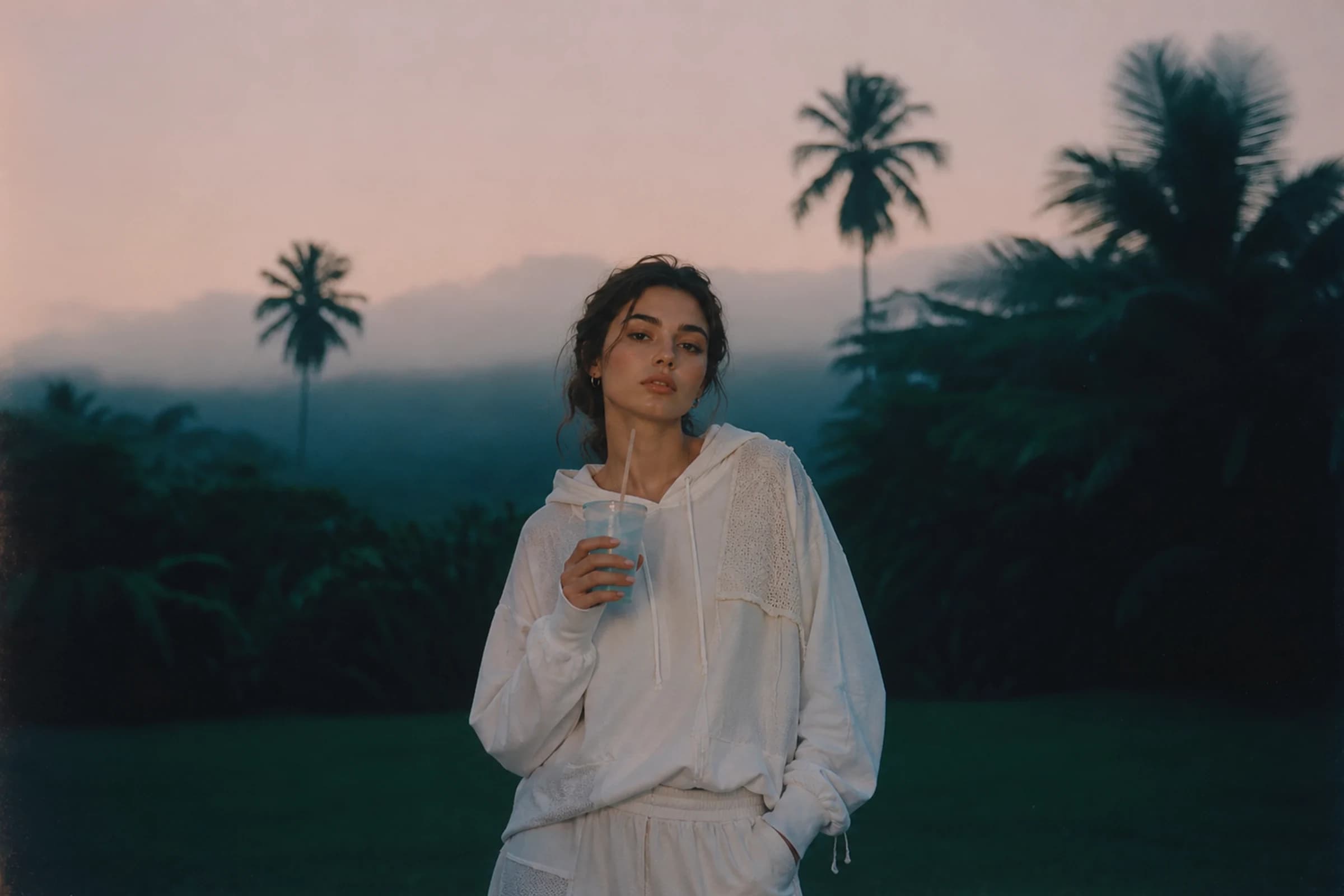 A woman in the ivory patchwork hoodie drinking through a straw against palm silhouettes, mountains in the sunset haze in the distance.
